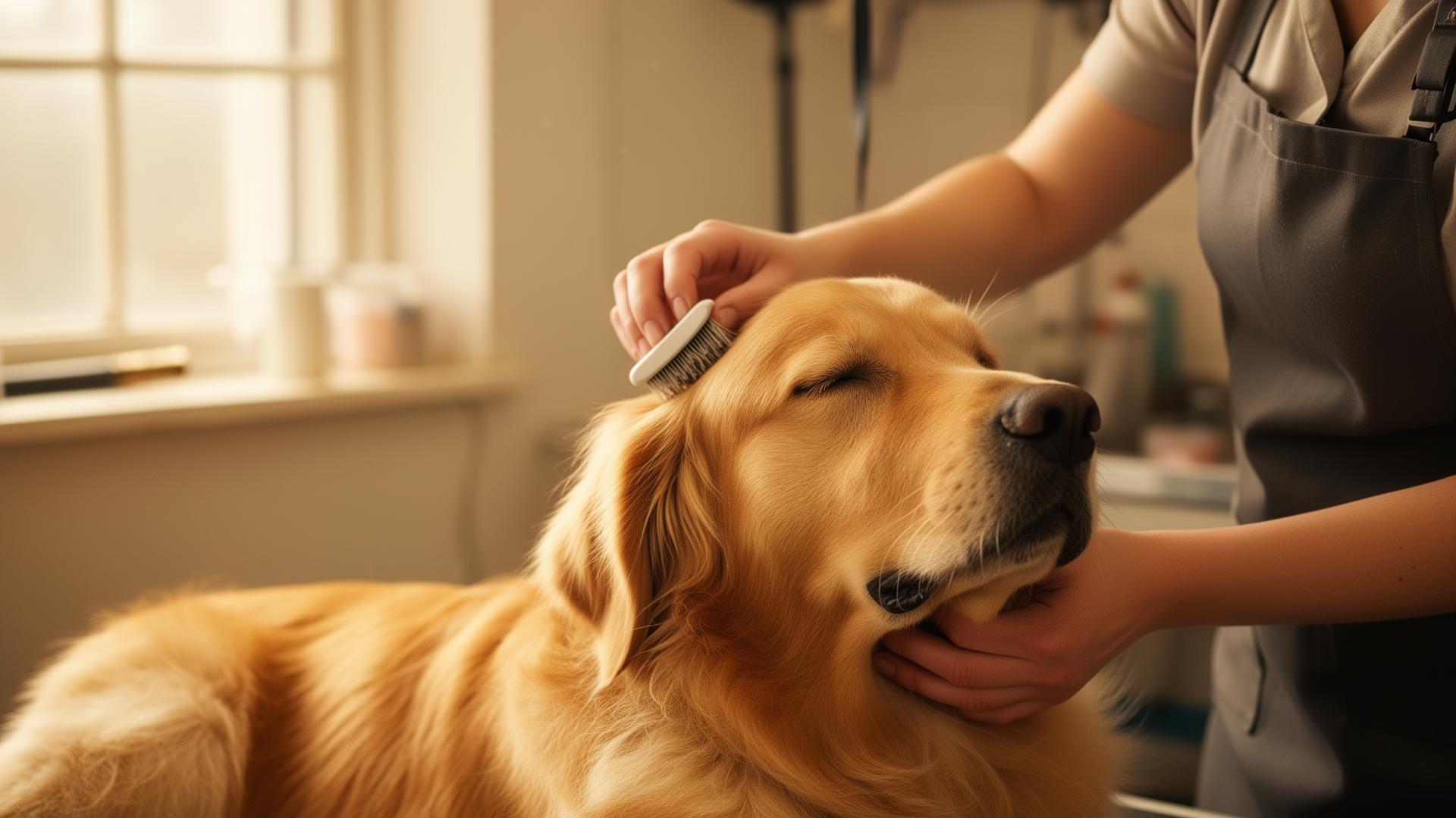A groomer gently caring for a relaxed dog