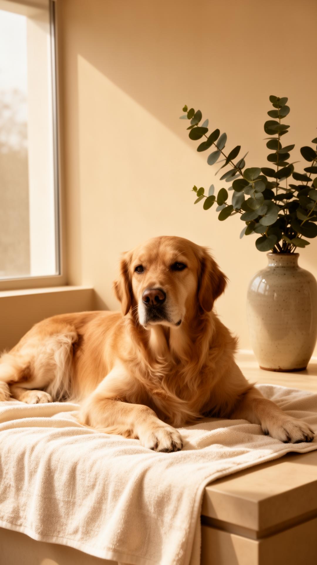 A calm golden retriever resting in our spa